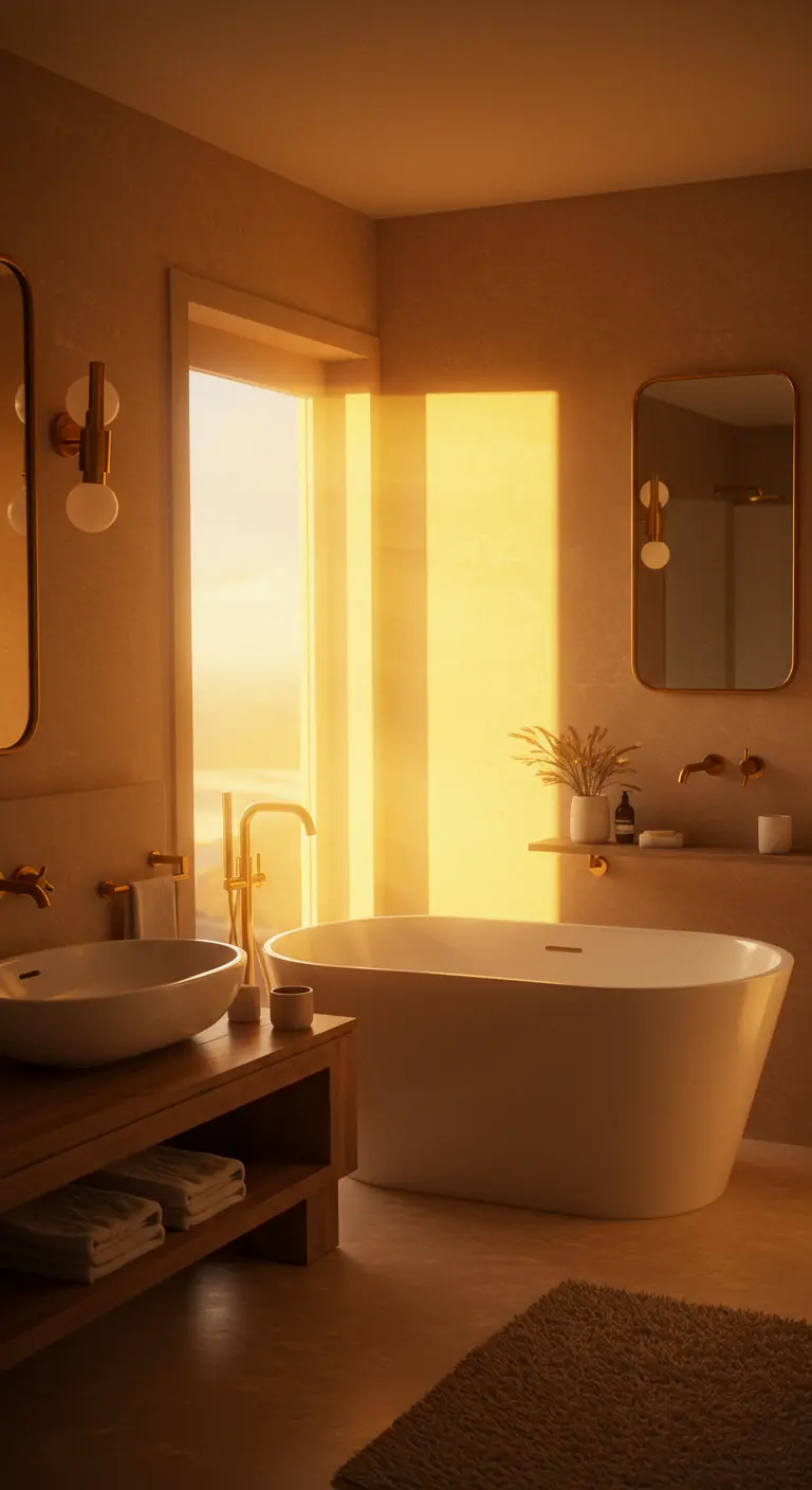 Zandkleurige badkamer badend in warm, goudkleurig licht van een raam.