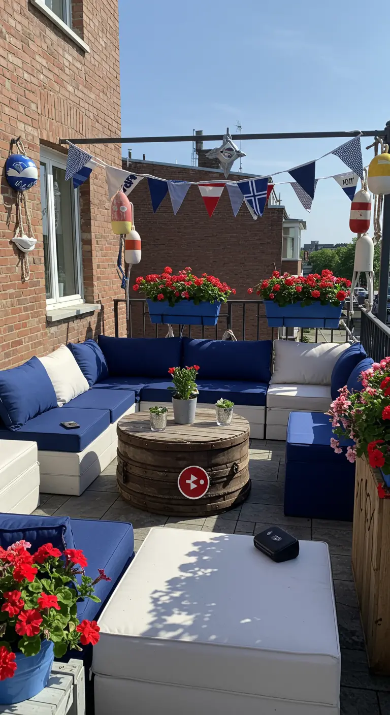 Groot nautisch balkon met houten vat als tafel, blauw-witte loungebank, vissersboeien en vlaggenlijn.