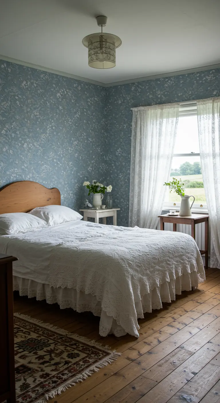 Lichte slaapkamer met lichtblauw bloemenbehang, houten bed en uitzicht op een open veld.