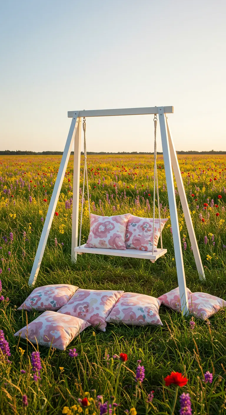 Witte schommelbank met roze bloemenkussens in een veld vol wilde bloemen onder een blauwe lucht.
