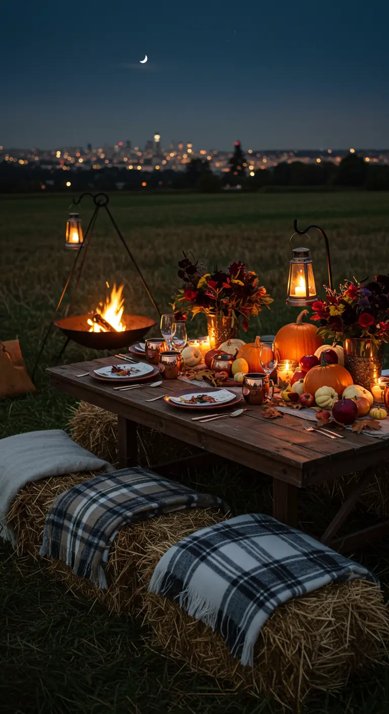 Herfstige picknicktafel met hooibalen, een vuurkorf en pompoenendecoratie.