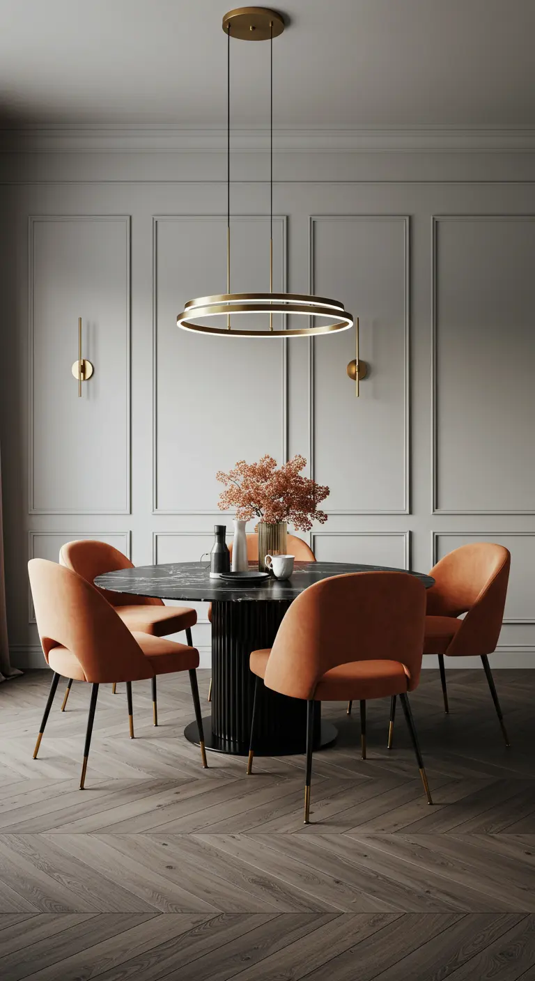 Elegante eetkamer met oranje velours stoelen, een zwarte tafel en messing verlichting.
