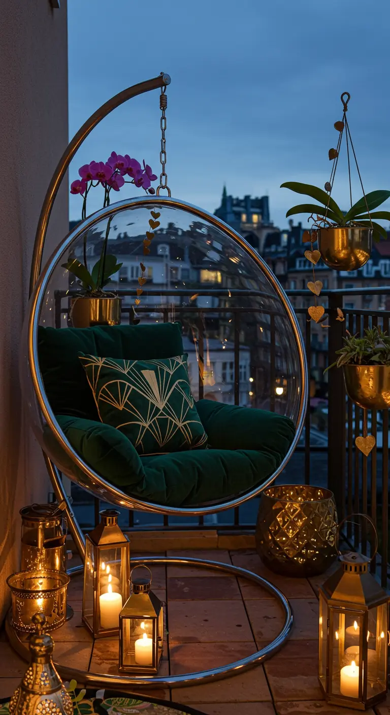 Transparante bubble hangstoel met donkergroene velvet kussens, omringd door gouden lantaarns en plantenpotten.