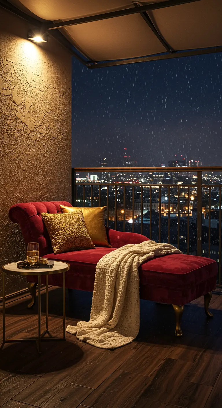 Luxe balkon met rode velvet chaise longue, gouden kussens en uitzicht op de stad 's nachts.