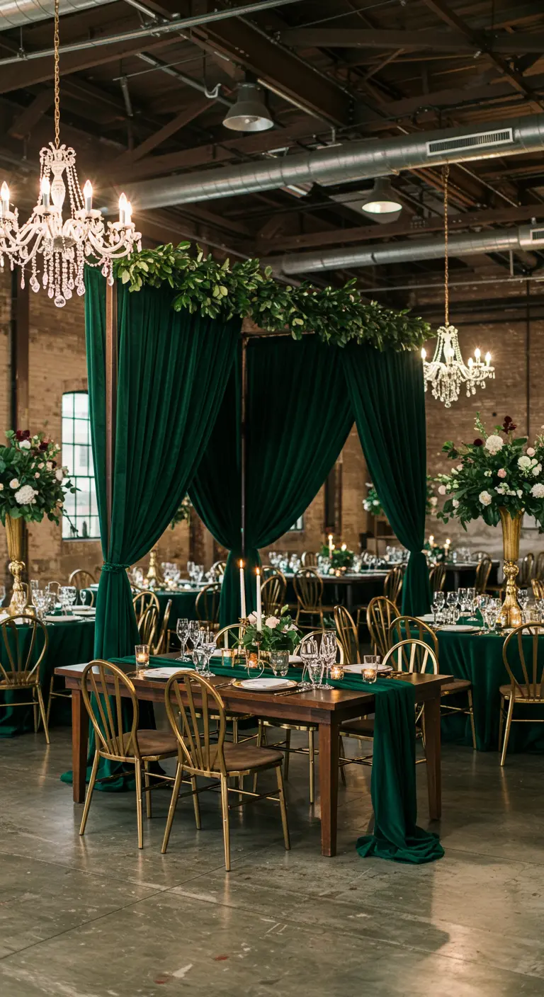 Dineropstelling in industriële zaal met een frame gedrapeerd met groen velours, gouden stoelen en kroonluchters.