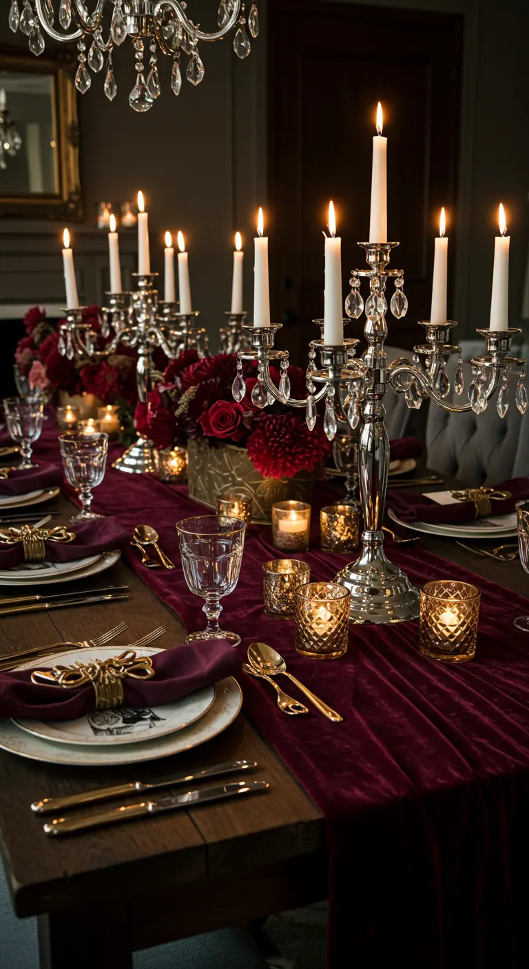Tafel met bordeauxrode fluwelen loper, zilveren kandelaars en rode bloemen.