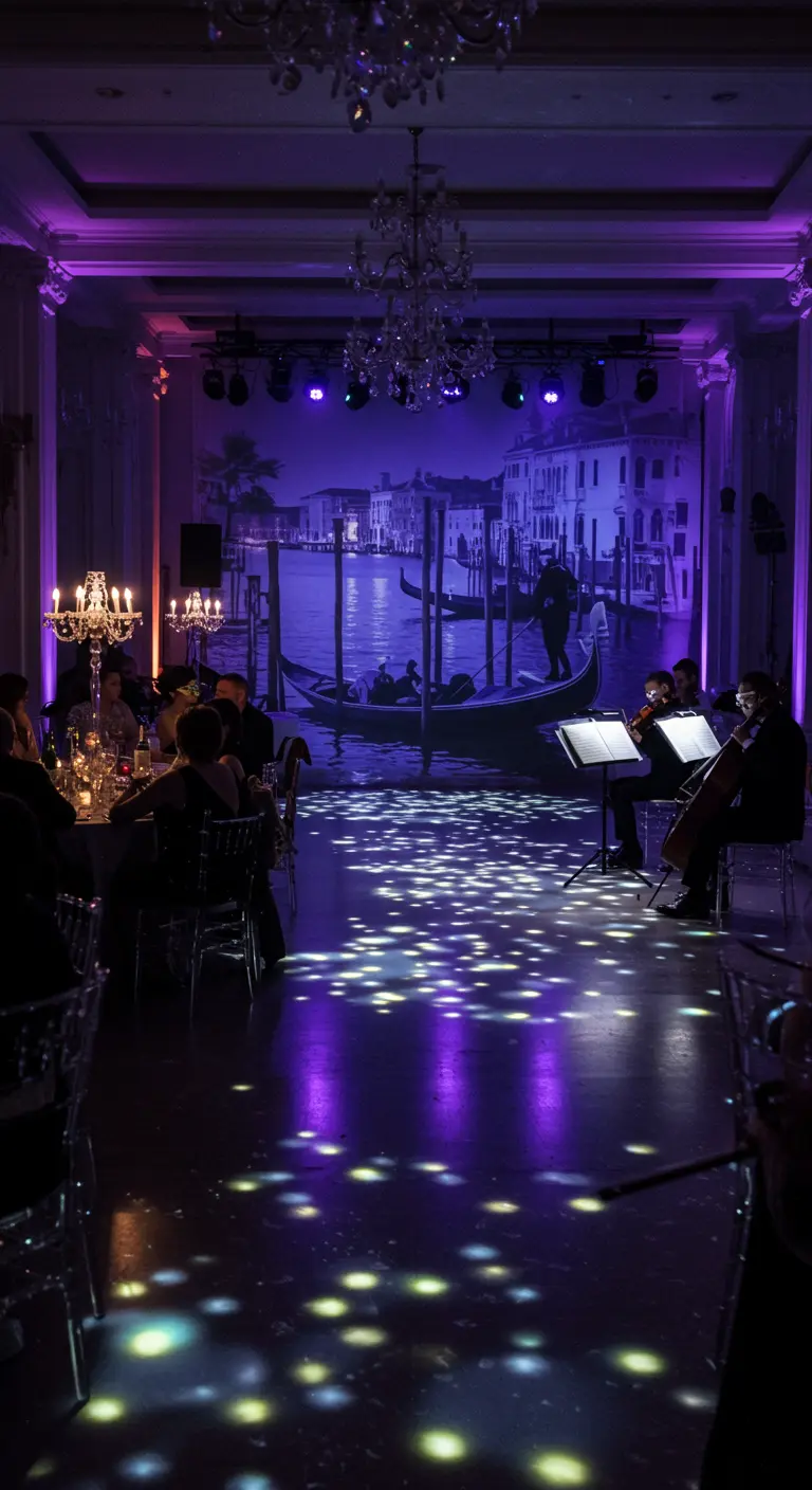 Chique feest met projectie van Venetië en lichtreflecties op de vloer.