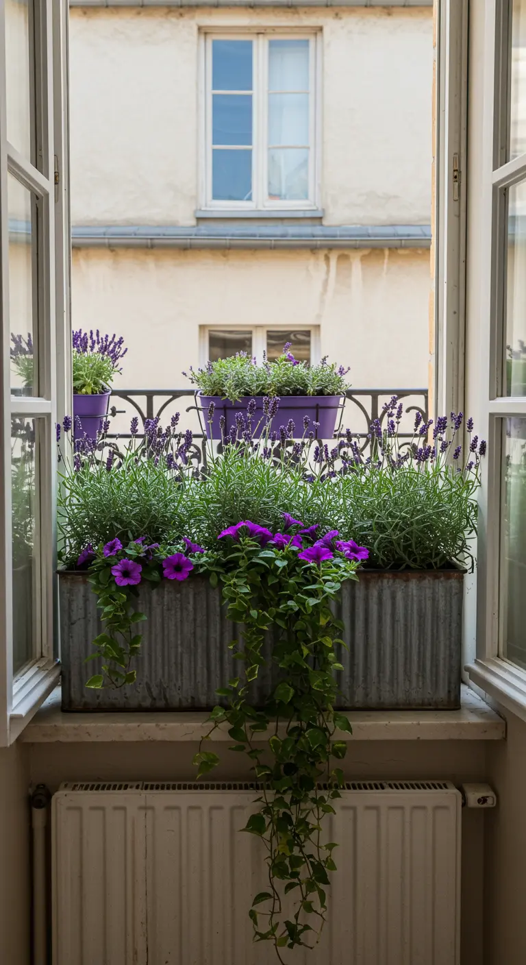 Zinken vensterbak met lavendel en hangende paarse bloemen, gezien vanuit een open raam.