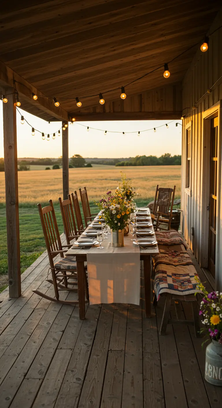 Lange eettafel op een houten veranda met schommelstoelen en veldbloemen, bij zonsondergang.