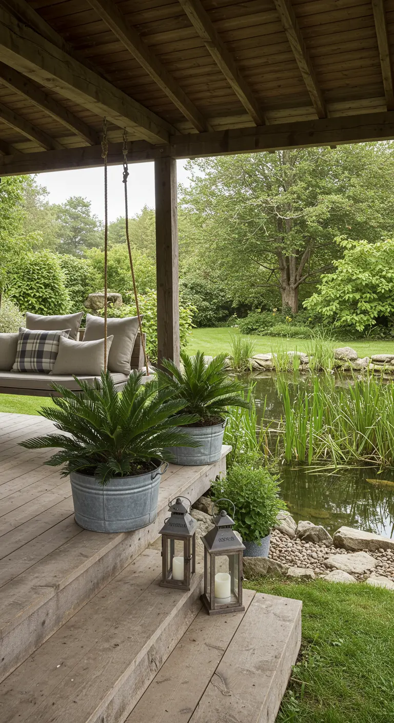 Schommelbank op een houten veranda met uitzicht op een natuurlijke vijver en zinken plantenpotten.