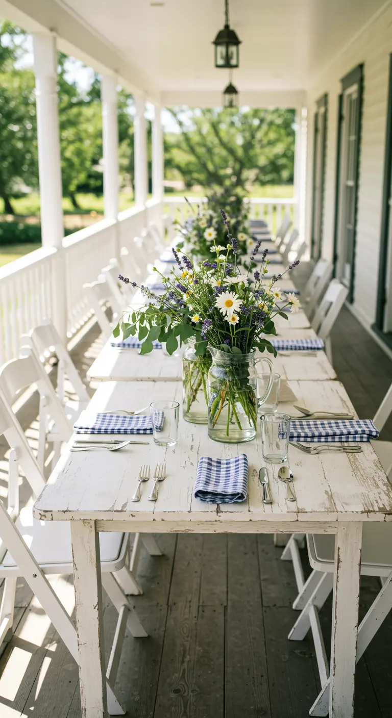 Witte houten tafel op een veranda met blauw-witte servetten en veldbloemen in glazen potten.