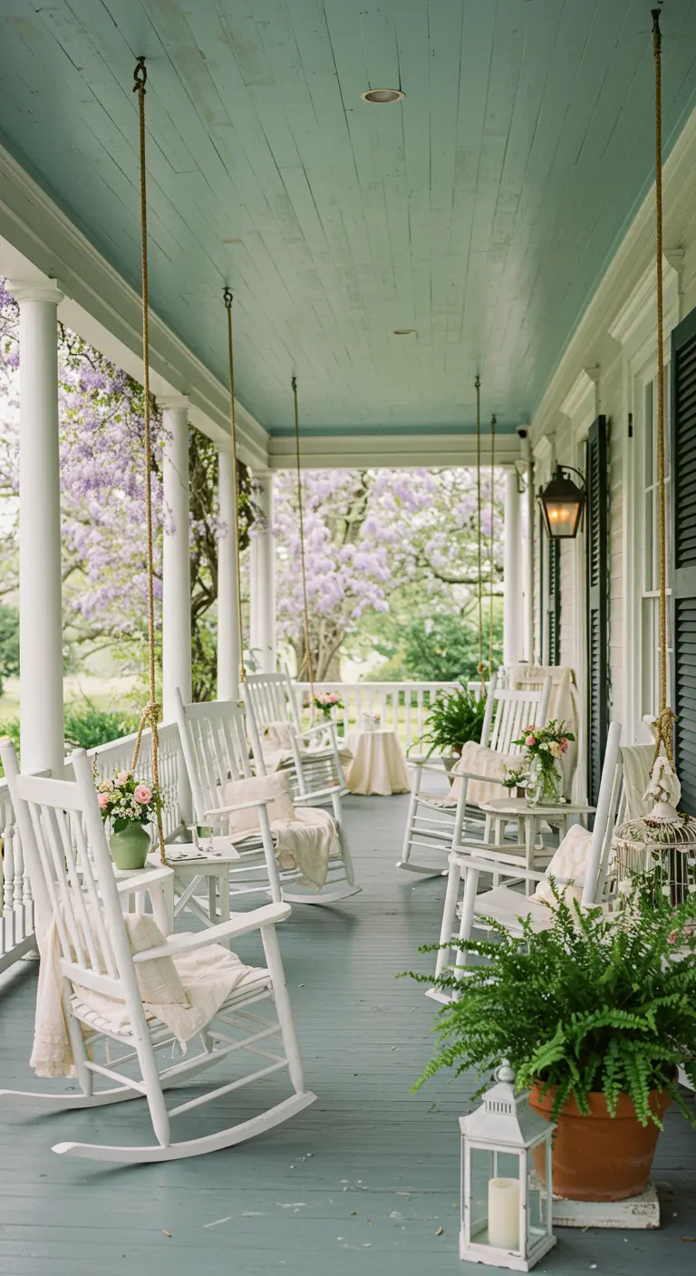 Klassieke veranda met witte schommelstoelen, blauw plafond en bloempot decoratie.