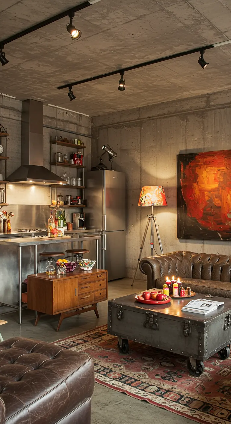 Industriële loft met een open keuken, leren bank en een kleurrijk Perzisch tapijt op de vloer.