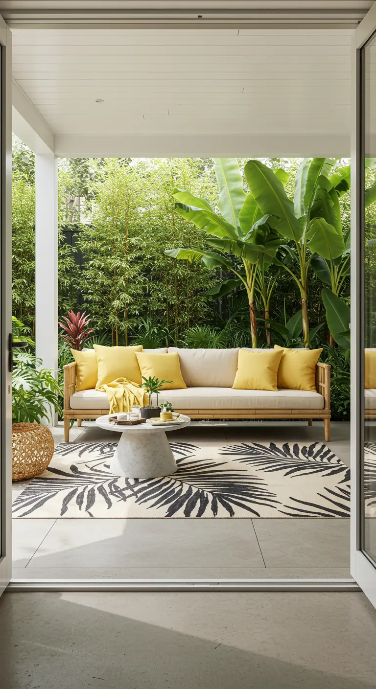 Overdekt terras met bamboe bank, gele kussens en een groot vloerkleed met zwart-witte bladprint.