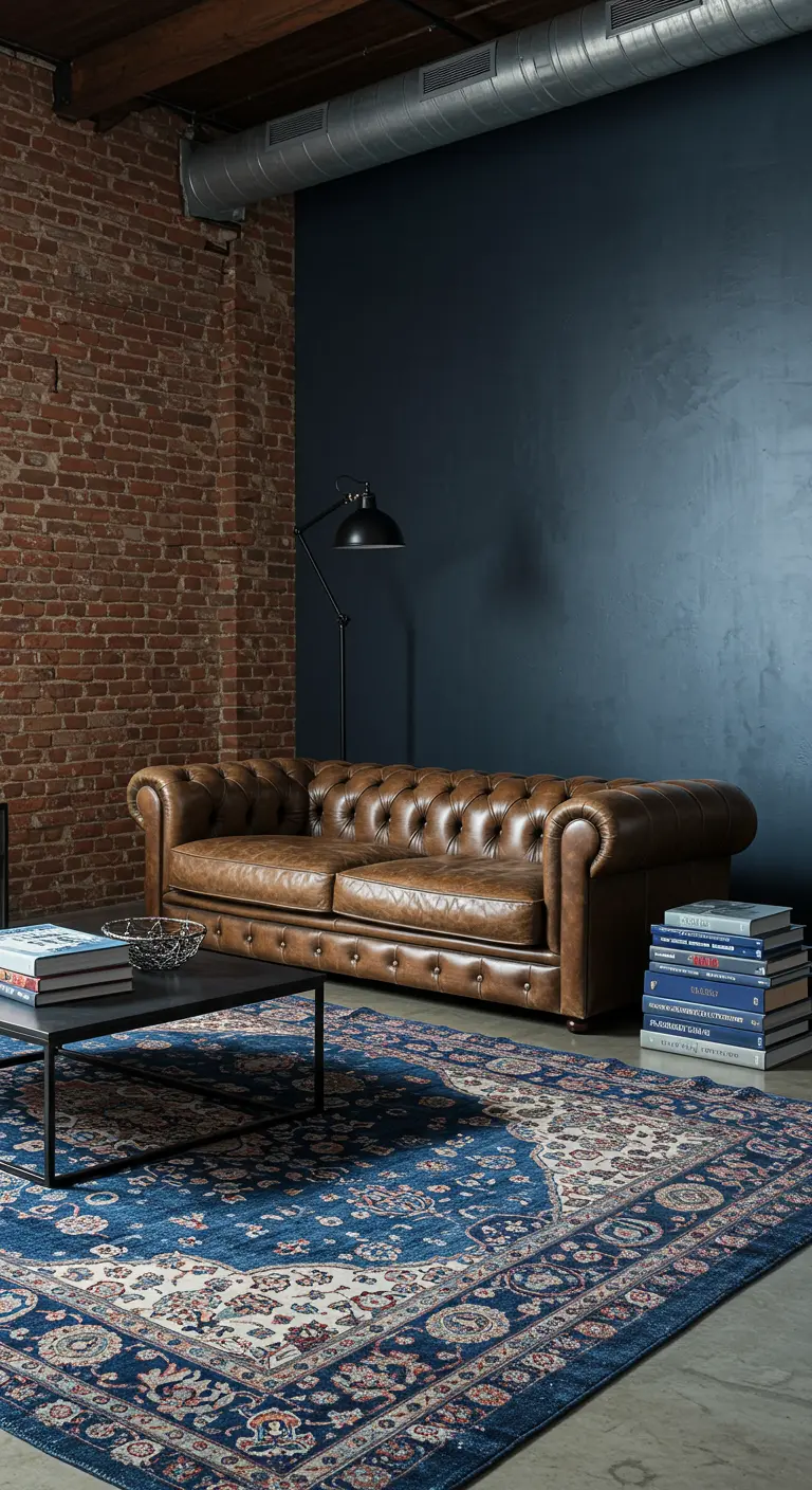 Bruine leren Chesterfield bank voor een donkerblauwe muur naast een bakstenen wand.