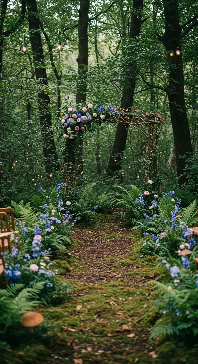 Bospad met houten boog, blauwe en paarse bloemen, varens en subtiele lichtslingers.