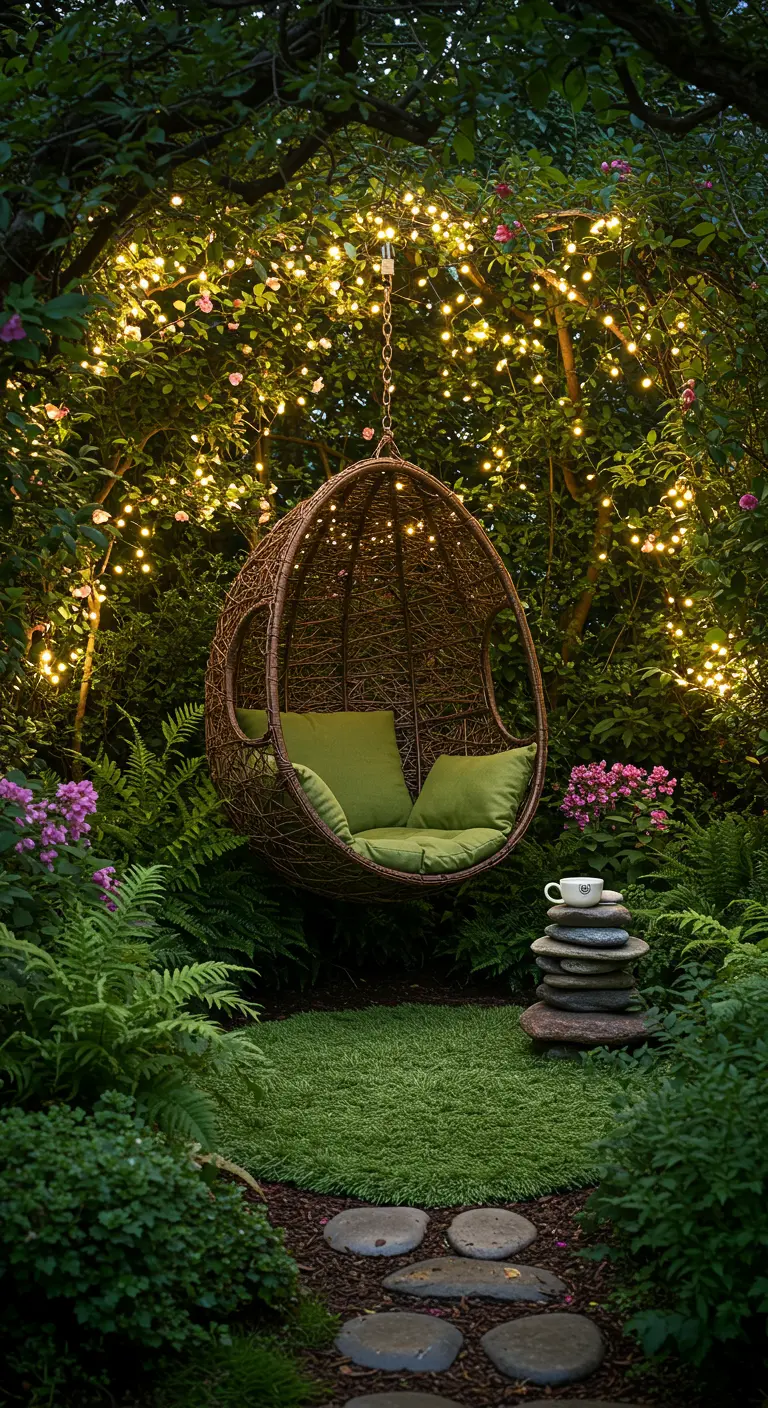 Rieten hangstoel in een weelderige groene tuin, omgeven door talloze kleine lichtjes.