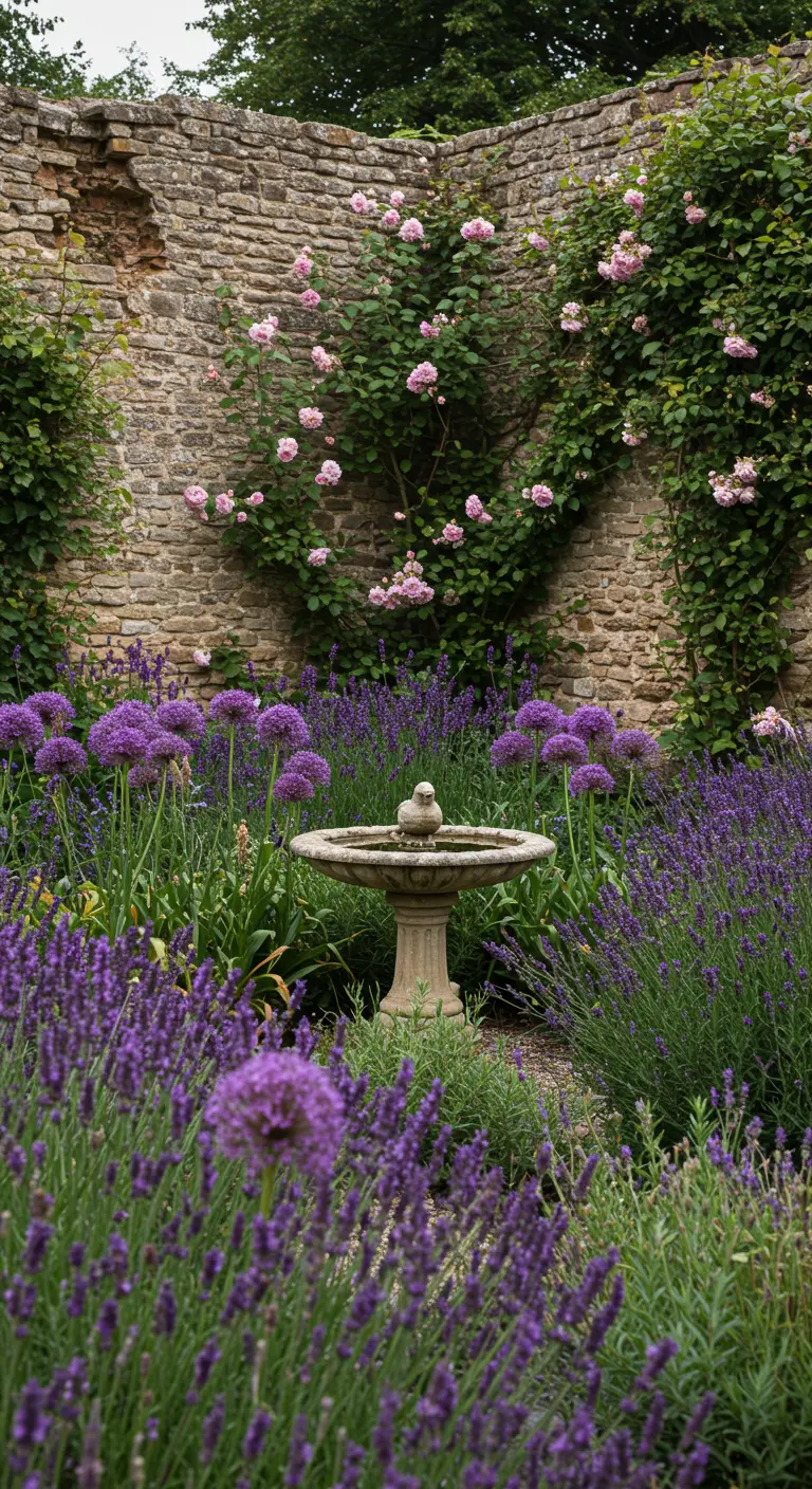 Ommuurde tuin met lavendel, alliums, klimrozen en een stenen vogelbadje.