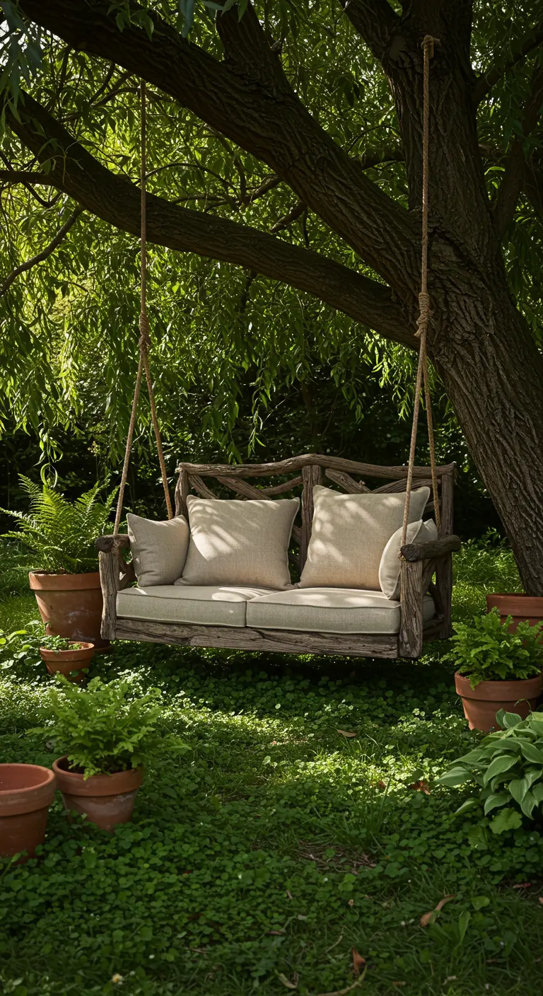 Houten schommelbank met beige kussens hangt aan een dikke boom in een groene tuin.