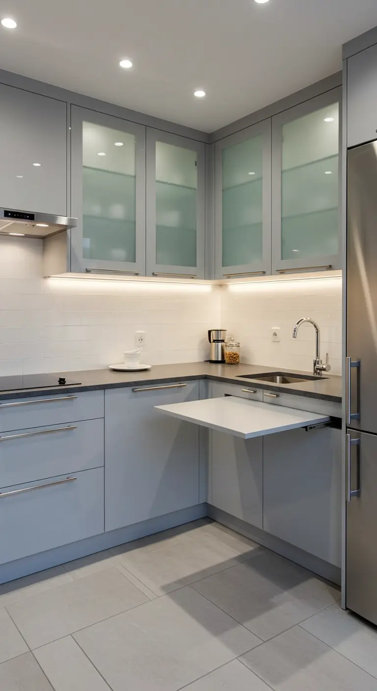 Compacte grijze keuken met uitschuifbare tafel en matglazen bovenkastjes