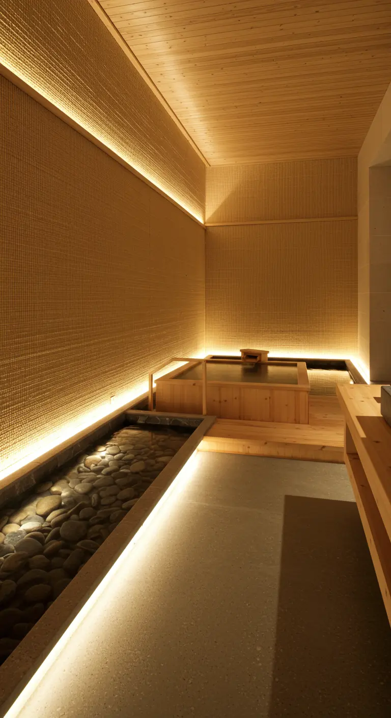 Badkamer met houten bad, kiezelbeek met verborgen LED-verlichting en geweven wanden.