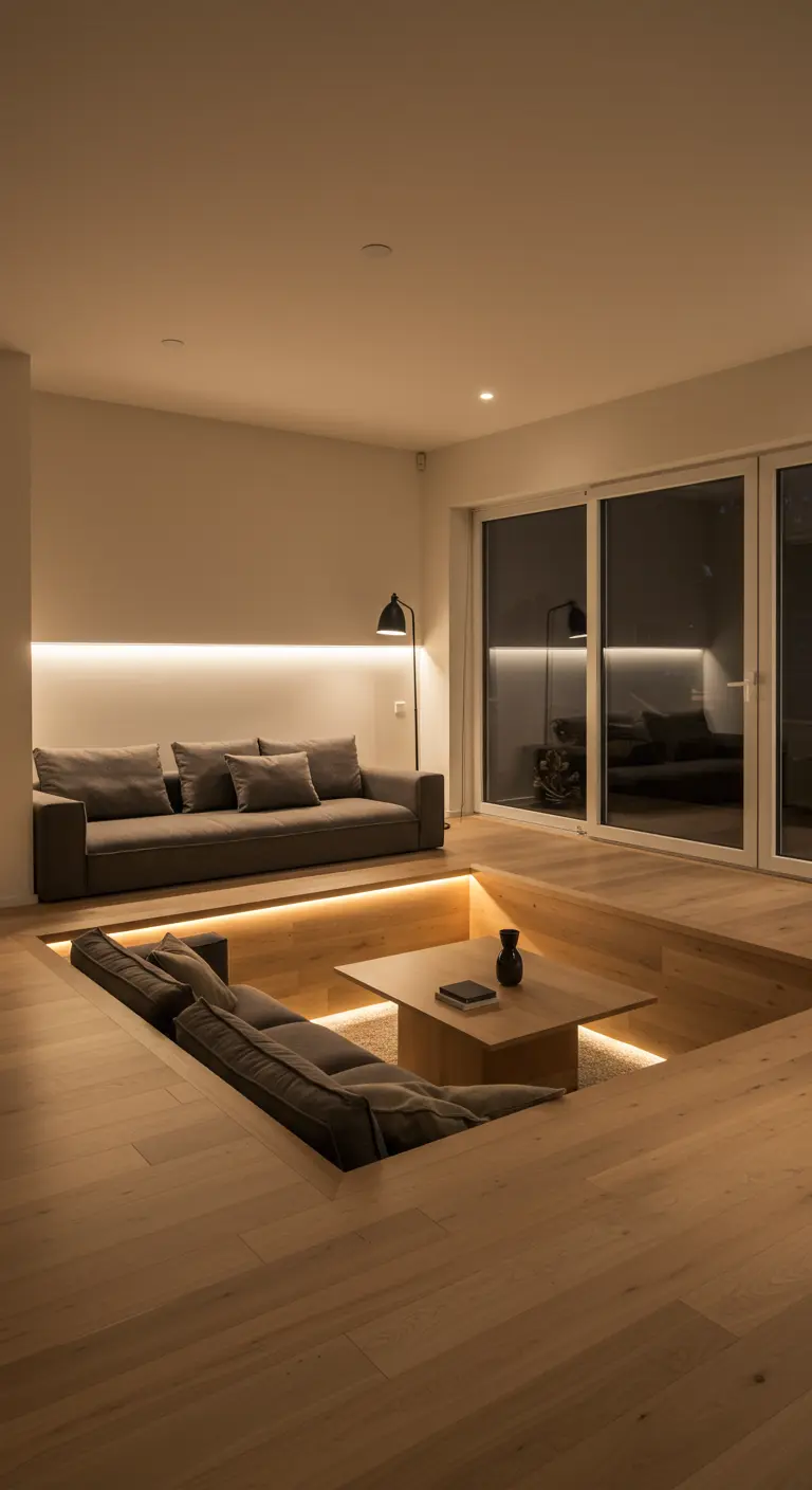 Moderne woonkamer met verzonken zitkuil, geïntegreerde verlichting en houten elementen.