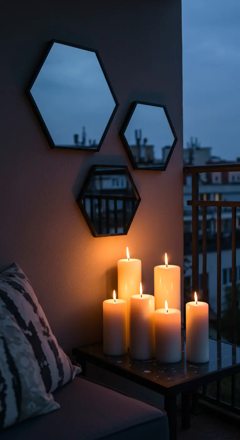 Drie zeshoekige spiegels reflecteren het warme licht van een groep brandende kaarsen.