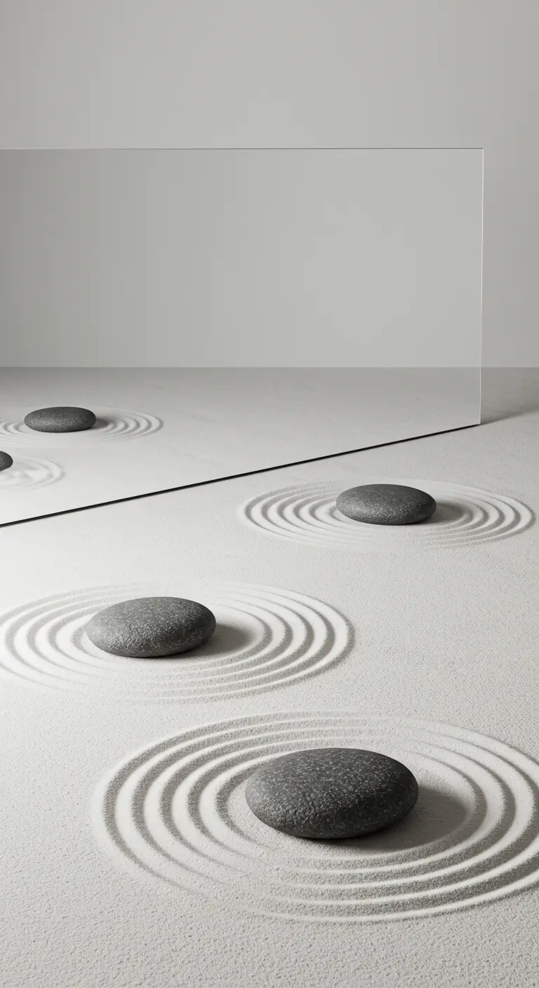 Minimalistische spiegel reflecteert zen-stenen in geharkt wit zand.