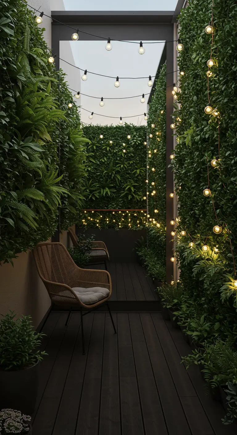 Smal balkon met groene wanden en een spiegel aan het einde die de lichtjes reflecteert.