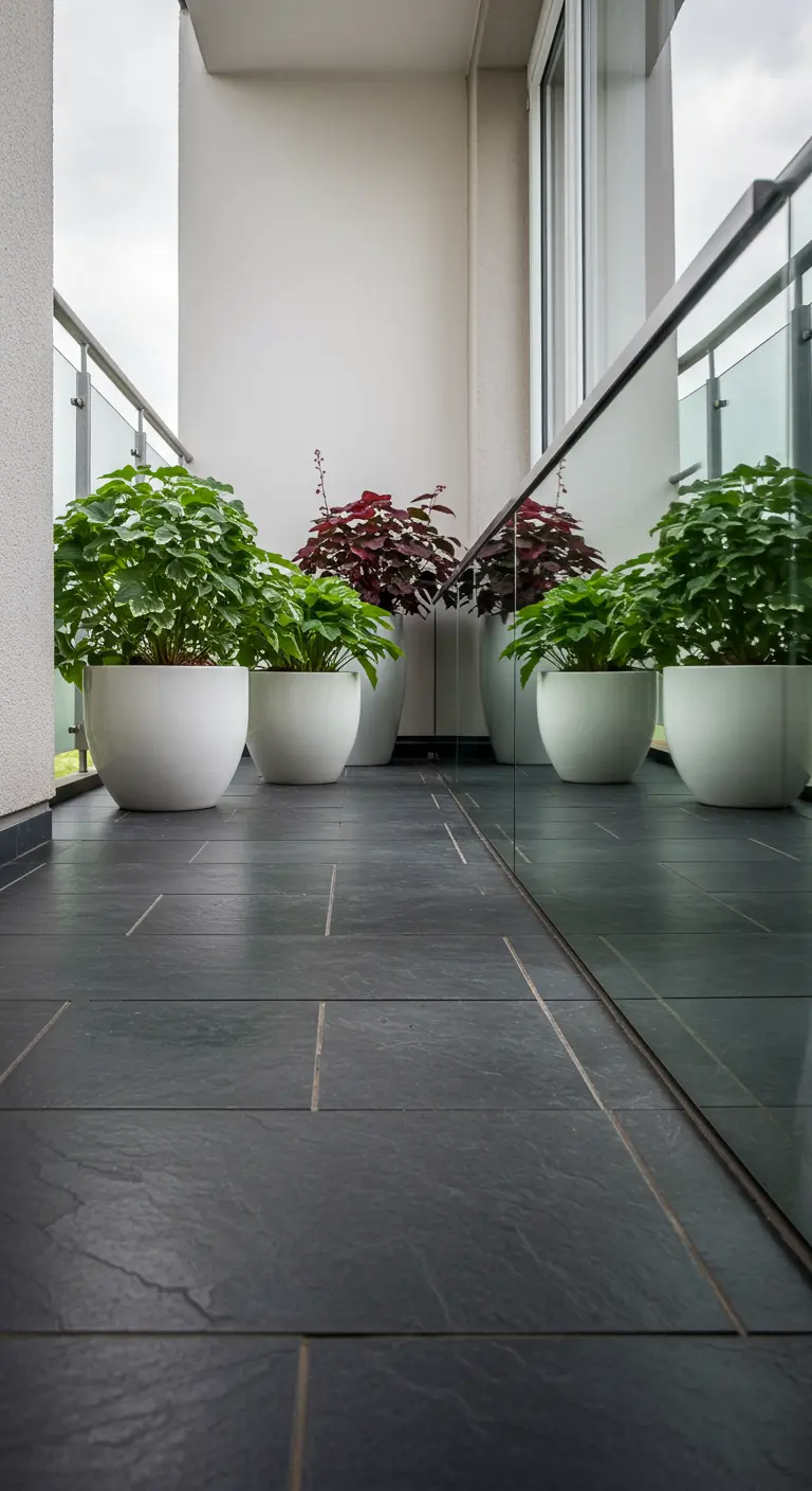 Spiegelpanelen op vloerniveau reflecteren witte potten met groene planten.