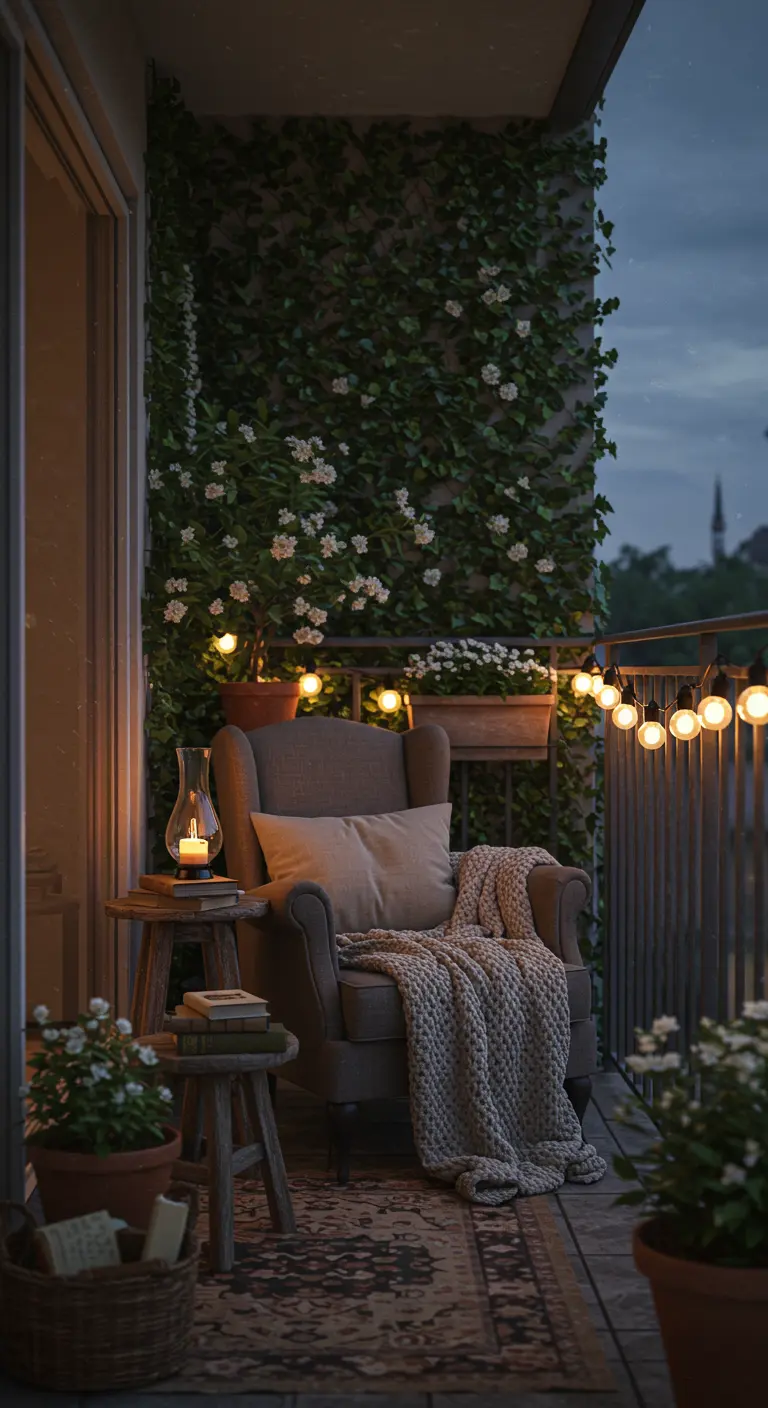 Knus balkon 's avonds met een fauteuil, warme verlichting, een plaid en een groene klimwand.