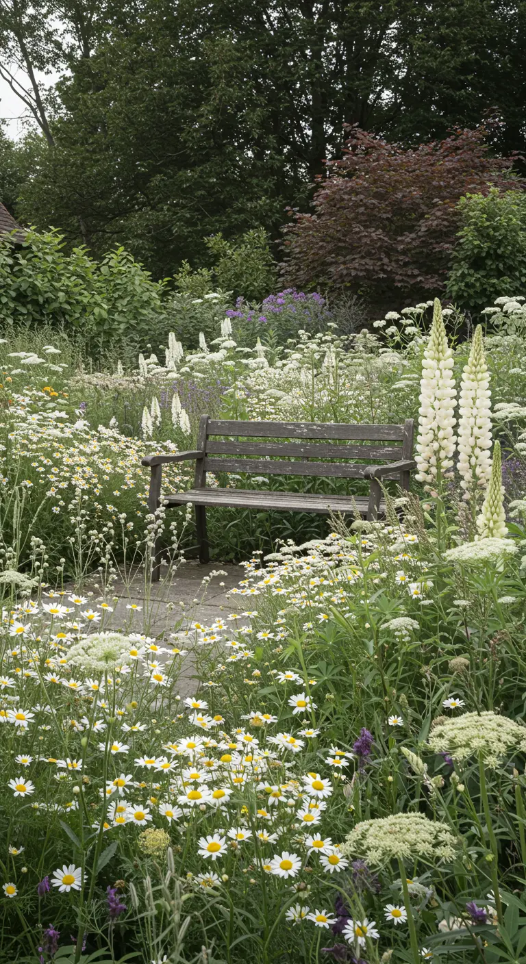 Donkerhouten bankje half verborgen in een weelderige border met witte bloemen.