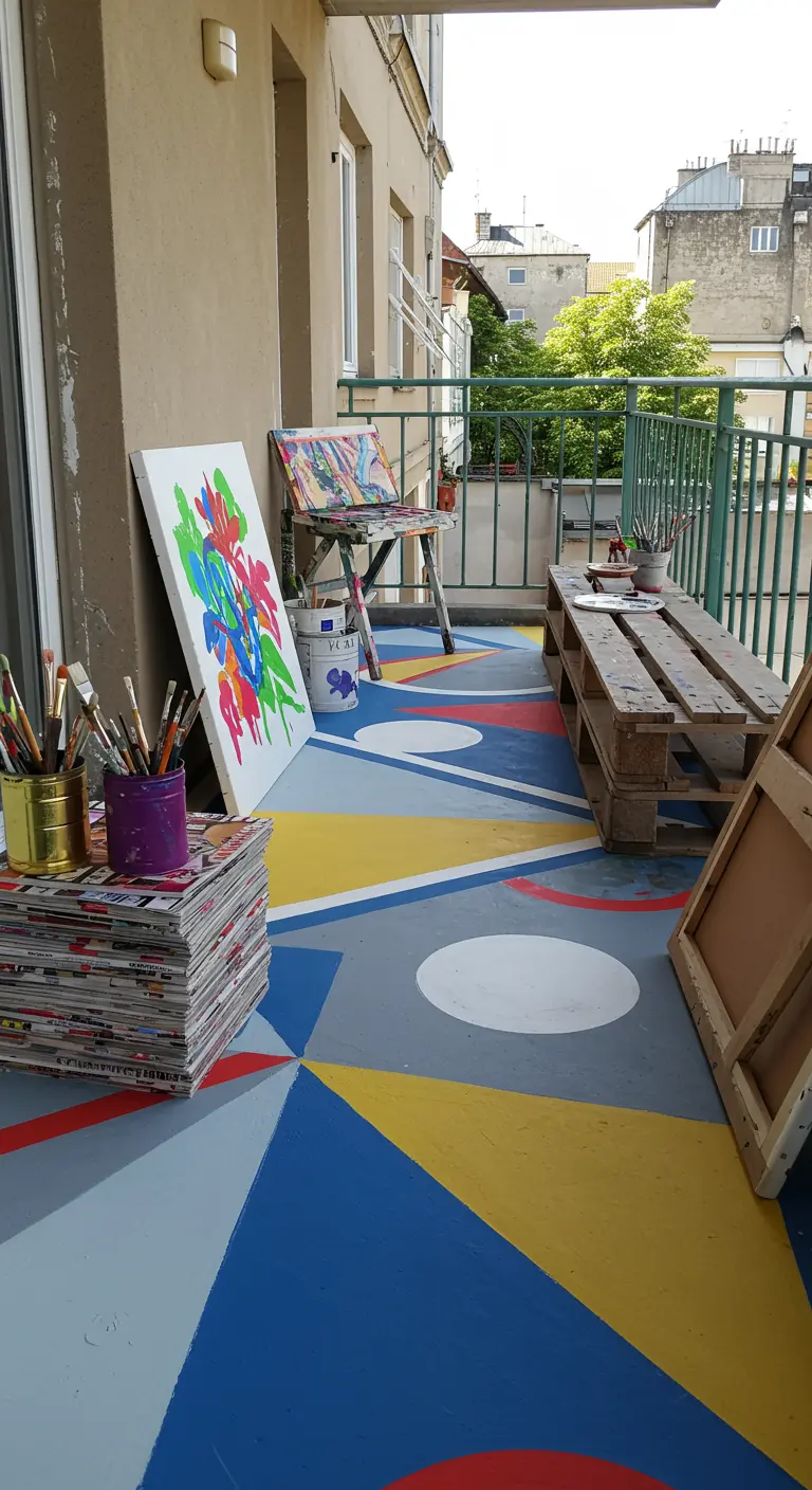 Balkonvloer beschilderd met felle, geometrische vlakken in blauw, geel en rood.