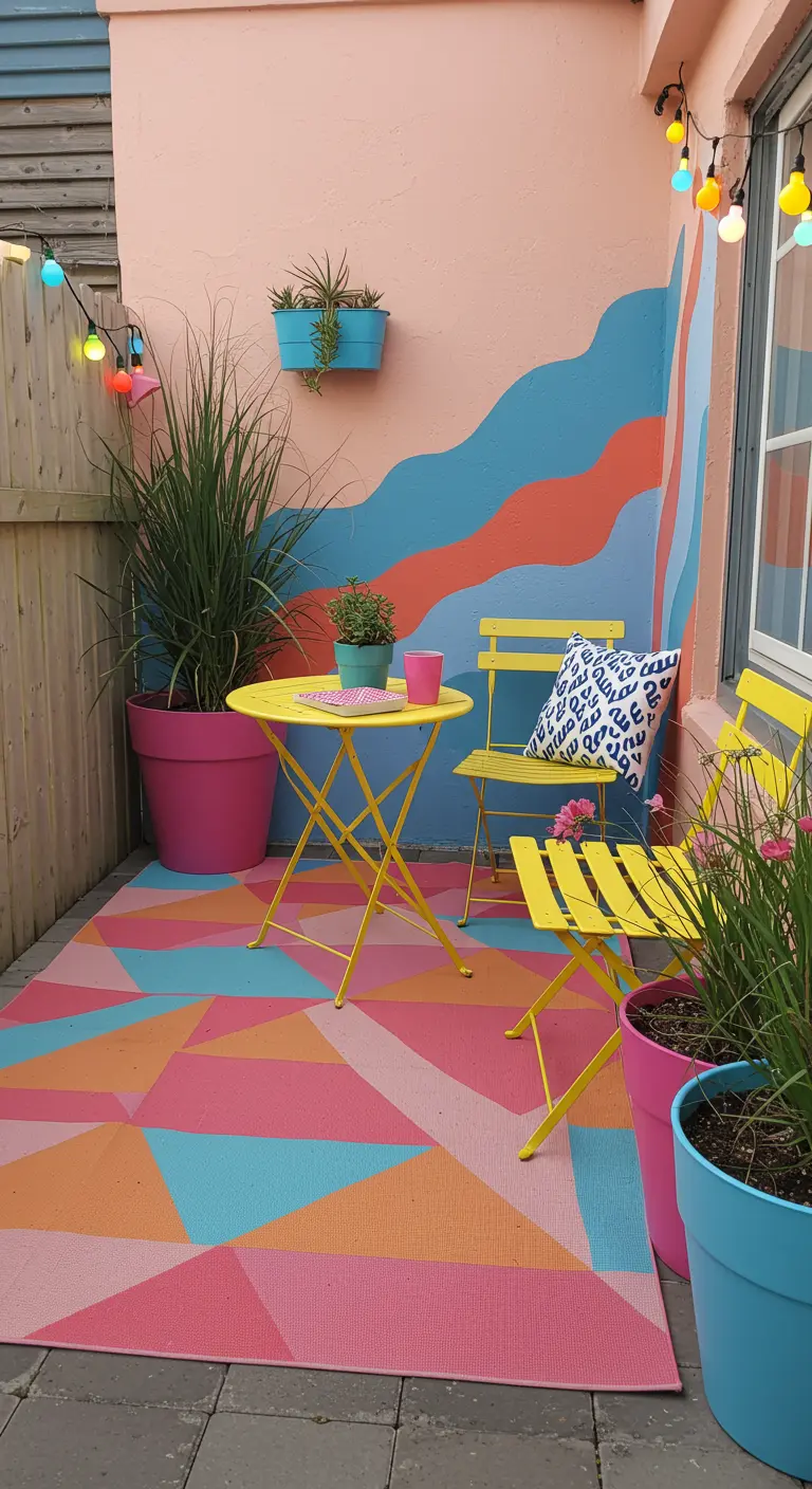 Kleurrijk terras met een geverfde geometrische vloer, een muurschildering en felgeel tuinmeubilair.