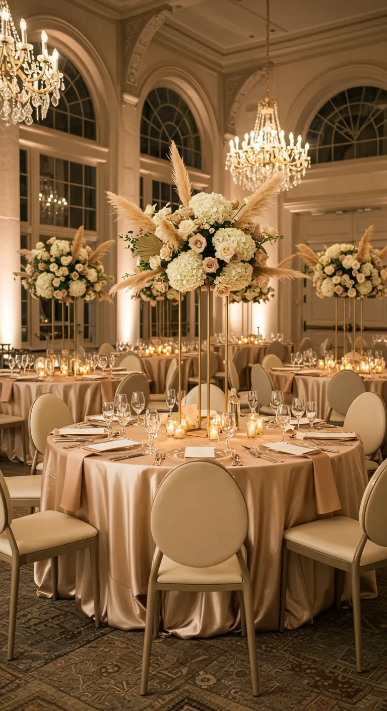 Luxe balzaal met ronde tafels in champagnetint, hoge gouden standaards en pampasgras.
