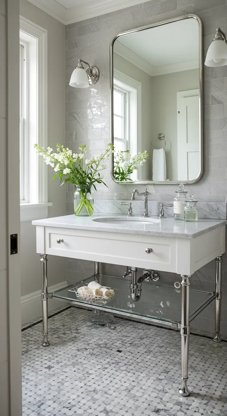 Elegante badkamer met een vloer van kleine, ronde grijze en witte mozaïektegeltjes.