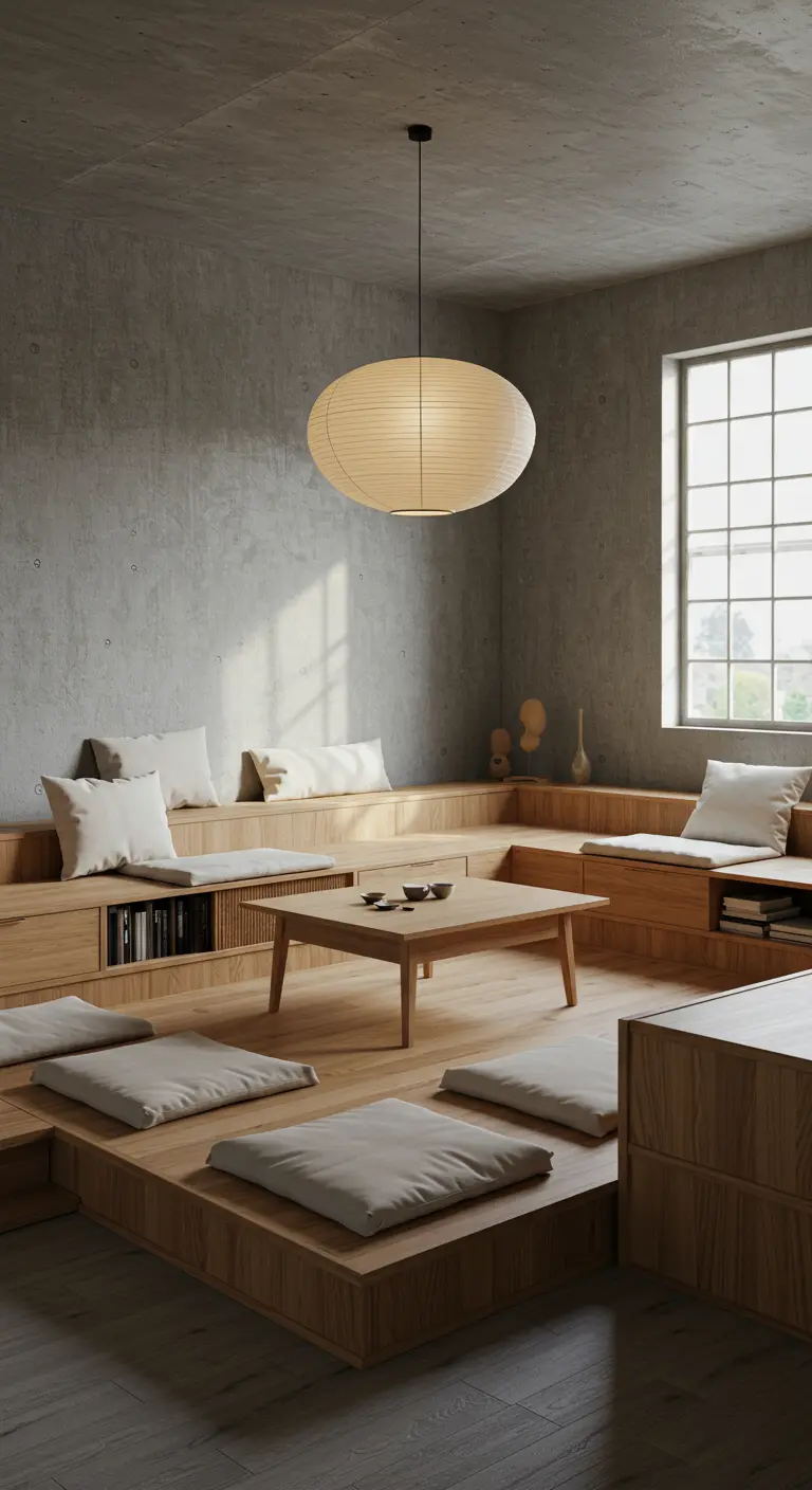 Woonkamer met verhoogd houten platform, vloerkussens en lage salontafel