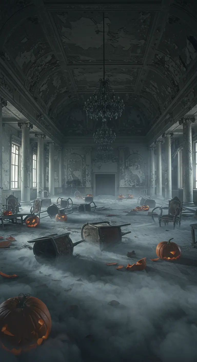 Verwaarloosde grand hall gevuld met mist, omgevallen meubels en gloeiende pompoenen.