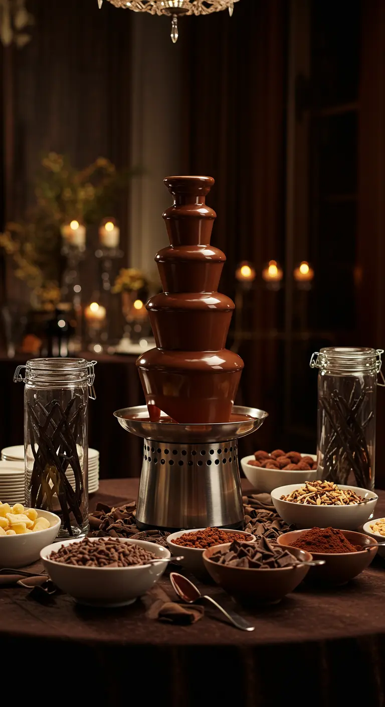 Een chocoladefontein op een buffettafel, omringd door schaaltjes met toppings.