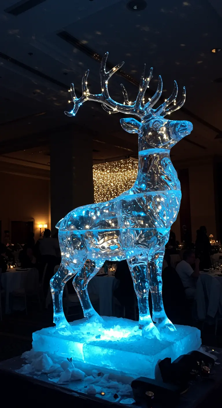 Groot ijssculptuur van een hert, verlicht van binnenuit met blauwe en witte lampjes.
