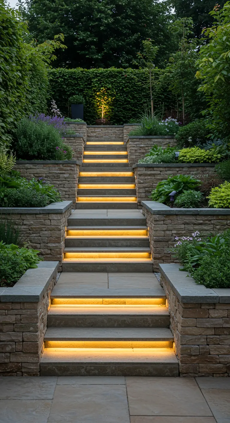Tuin met stenen trappen, waarbij elke trede van onderaf verlicht is met een warme gloed, omringd door groen.