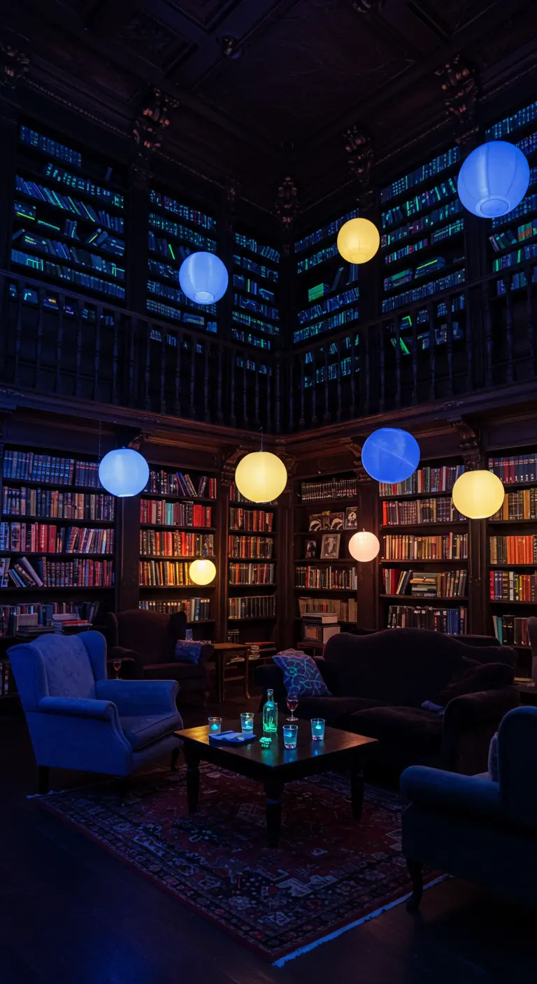 Klassieke bibliotheek met zwevende, gekleurde lichtbollen.