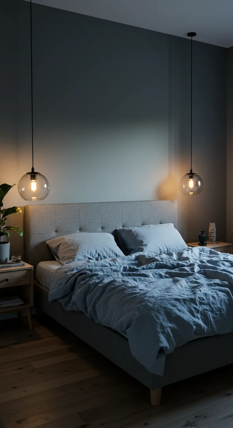 Donkere slaapkamer met een grijs bed en twee hangende glazen bollampen als sfeerverlichting.