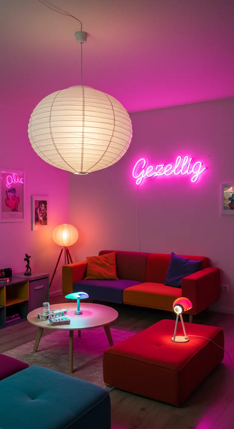 Kleurrijke woonkamer met een roze neonbord 'Gezellig' en diverse gekleurde lampen.