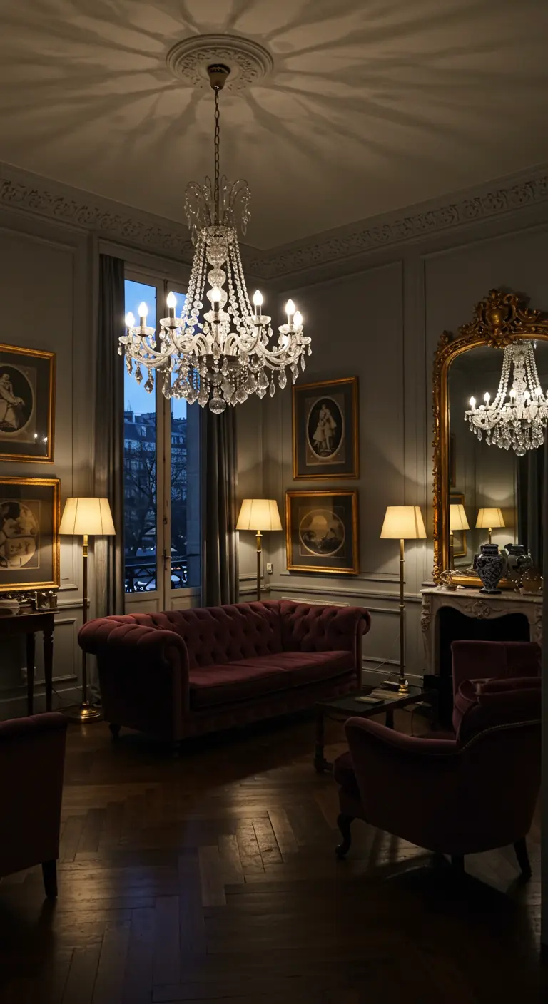 Parijse woonkamer 's avonds met veel sfeervolle verlichting en kristallen kroonluchter
