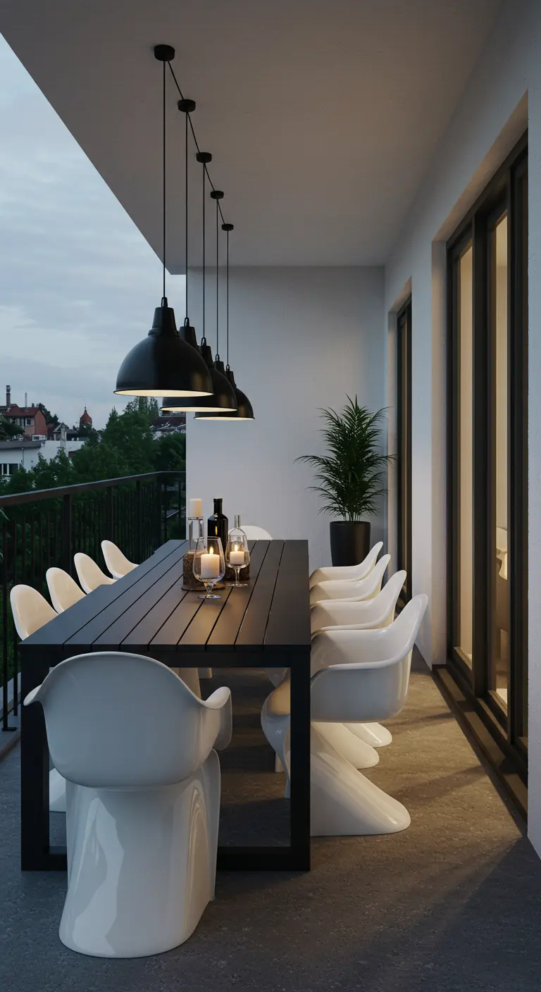 Lang balkon met een lange zwarte eettafel, witte stoelen en een rij zwarte hanglampen.