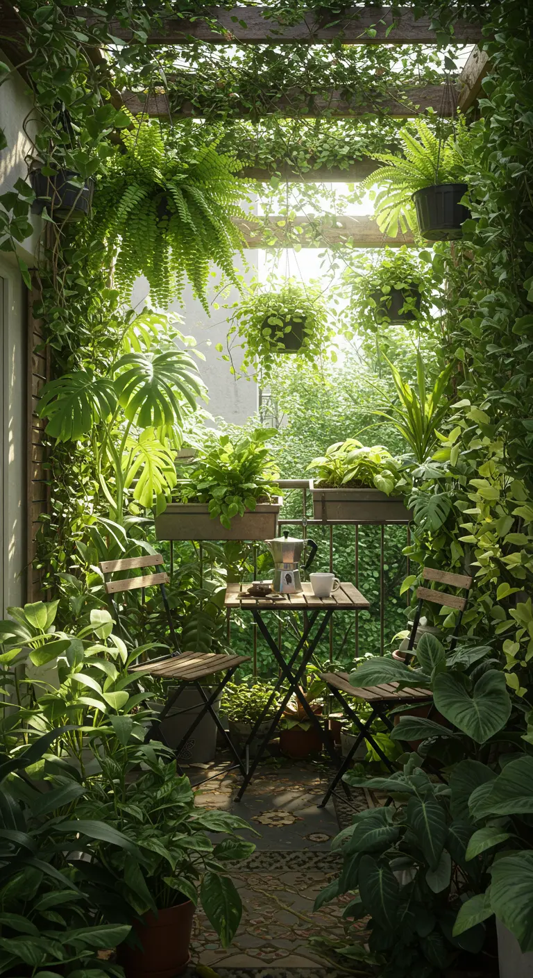 Klein balkon volledig omringd en overgroeid door diverse groene planten, met een kleine bistroset.