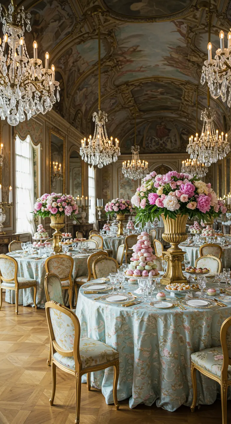 Royale zaal met pastelkleurige tafels, gouden vazen vol pioenrozen en macarons.