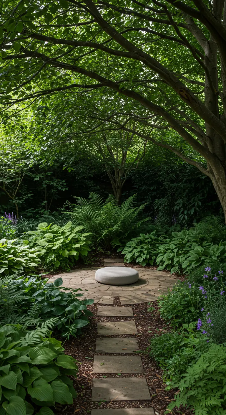 Weelderig groene tuinhoek met een stenen meditatieplek omringd door varens en hosta's.