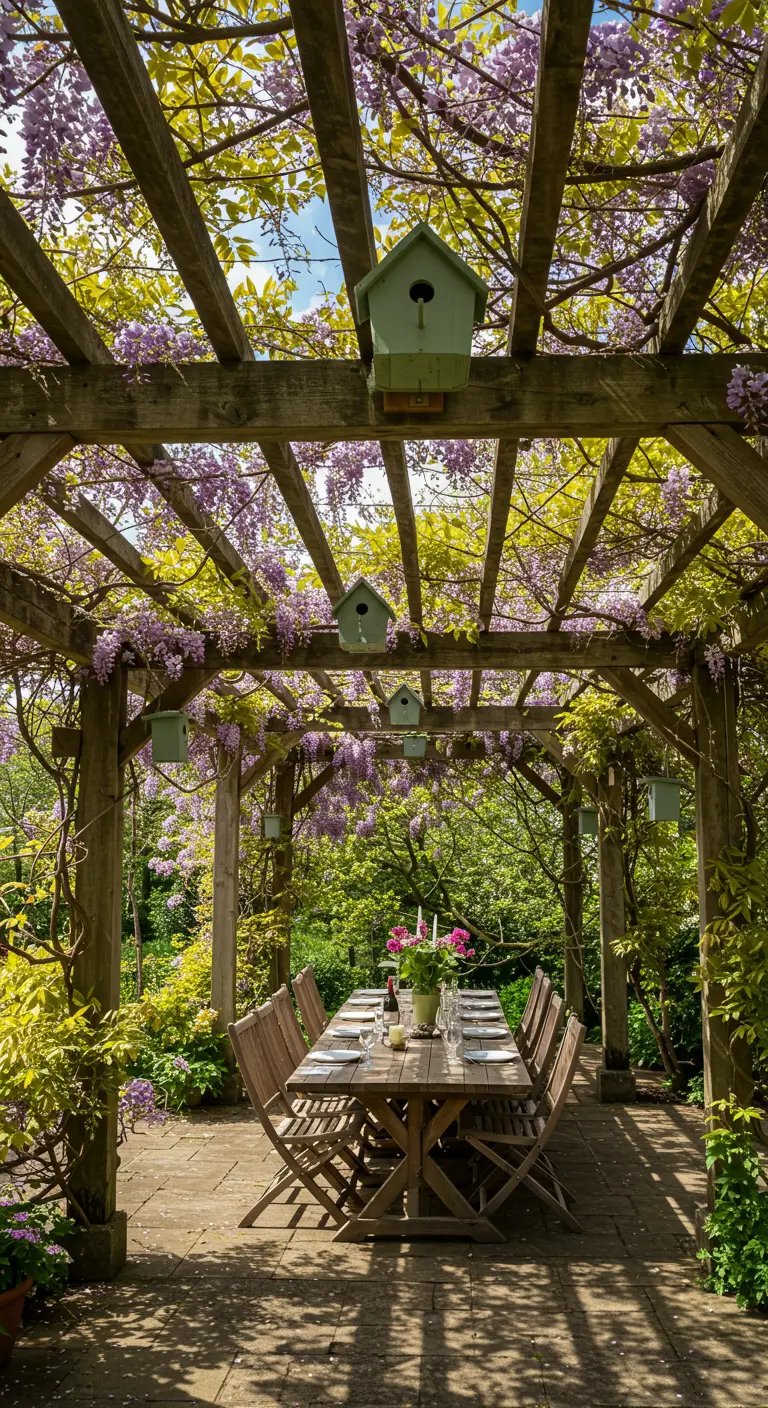 Vogelhuisjes aan de balken van een pergola begroeid met paarse wisteria.